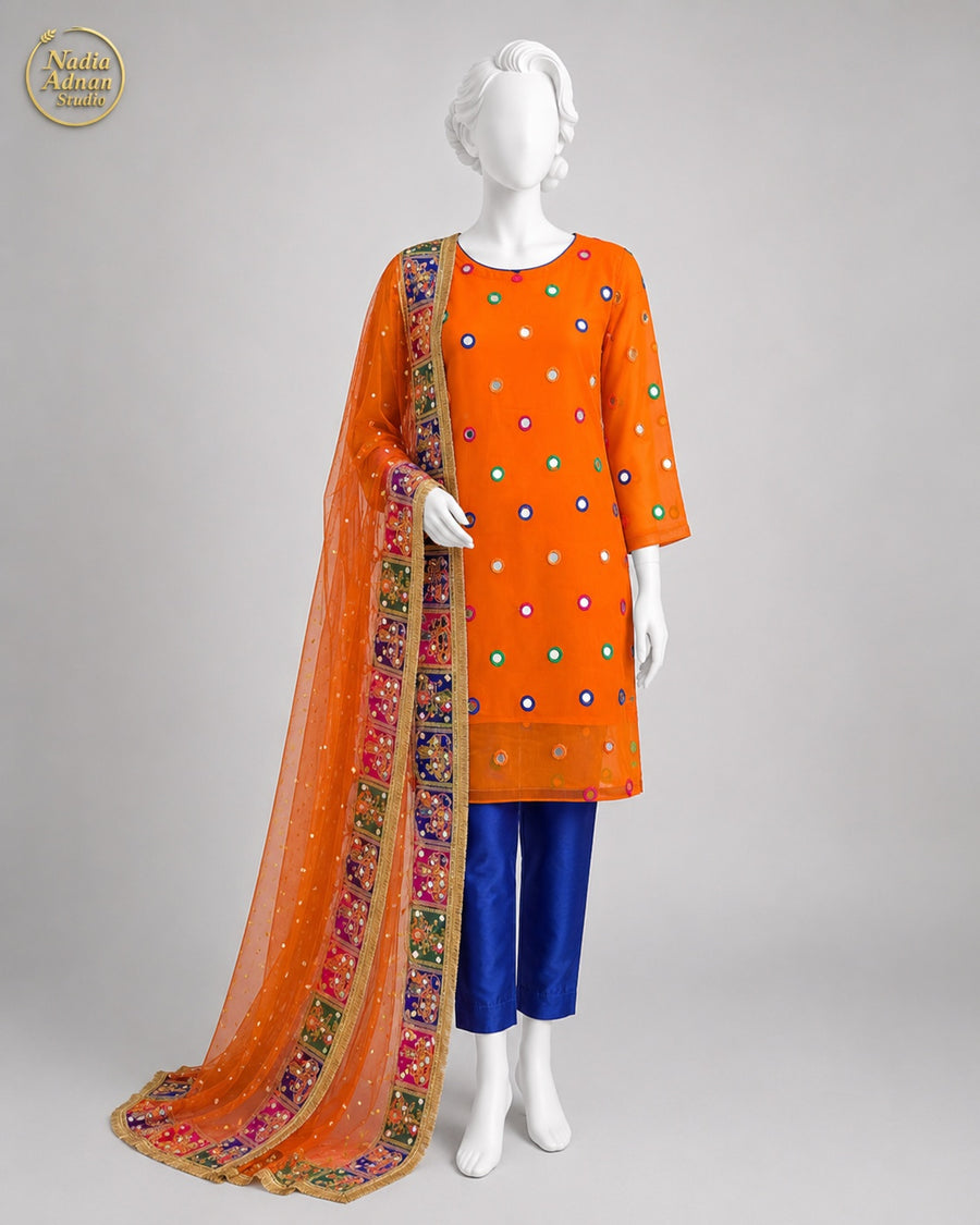 ORANGE CHIFFON SHIRT SUIT -S front view - Orange Chiffon Shirt Suit by Nadia Adnan Studio
