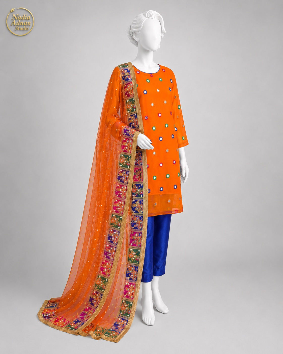 ORANGE CHIFFON SHIRT SUIT -S side view - Orange Chiffon Shirt Suit by Nadia Adnan Studio