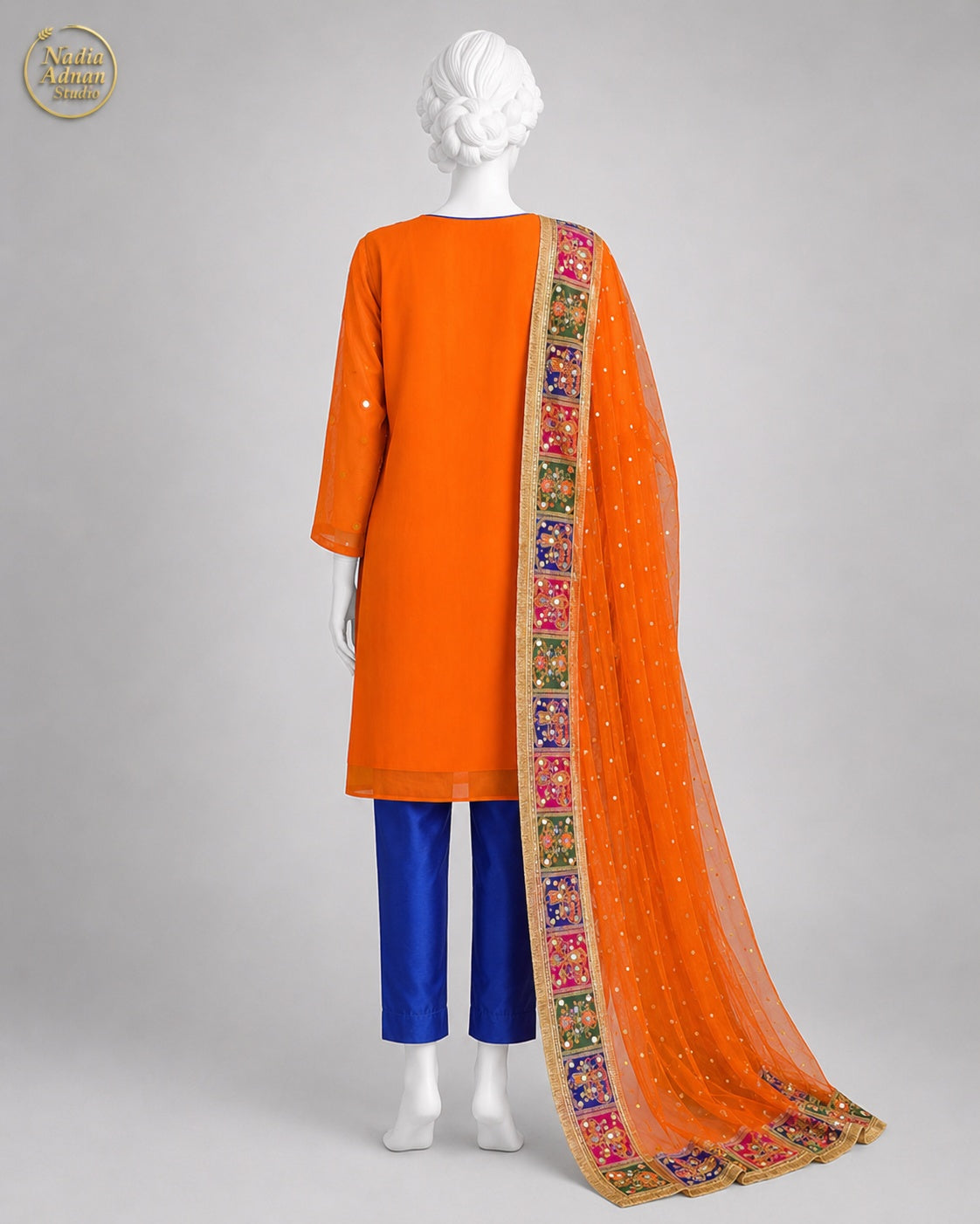 ORANGE CHIFFON SHIRT SUIT -S back view - Orange Chiffon Shirt Suit by Nadia Adnan Studio