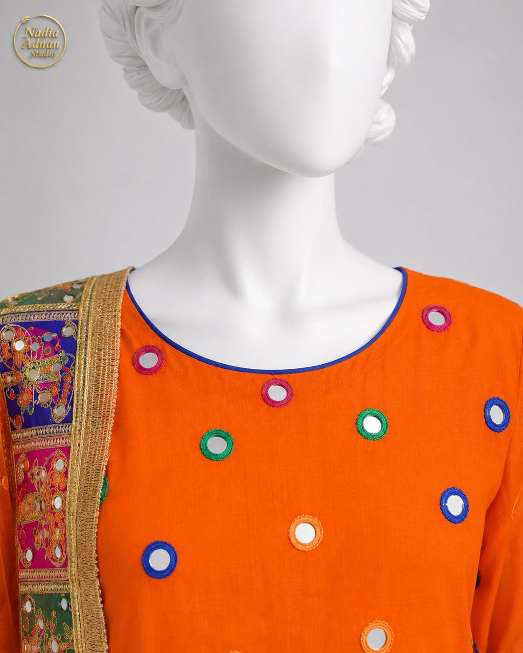 ORANGE CHIFFON SHIRT SUIT -S neckline close-up - Orange Chiffon Shirt Suit by Nadia Adnan Studio