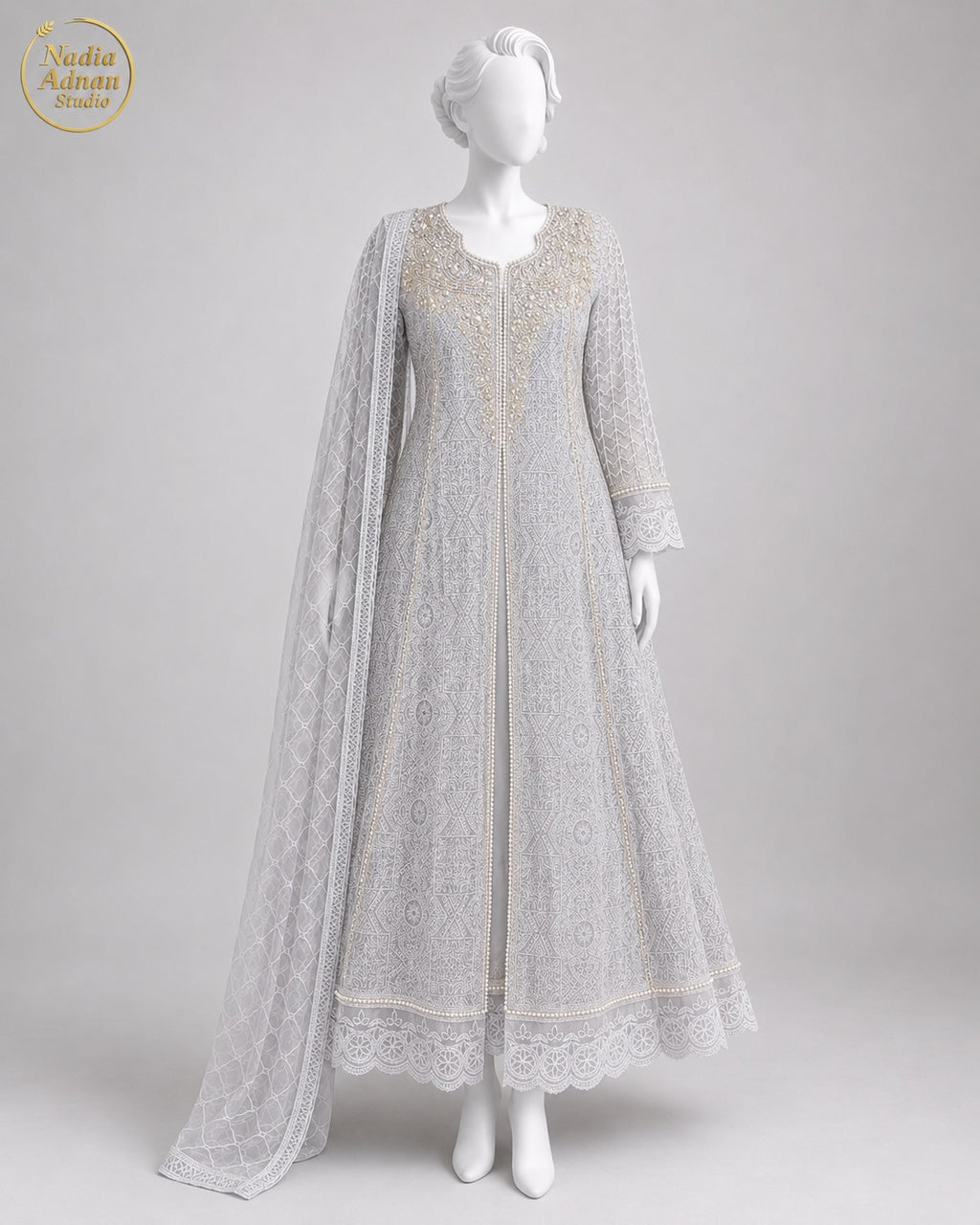 GREY NET MAXI -M / L front view - Grey Net Pearl Maxi by Nadia Adnan Studio