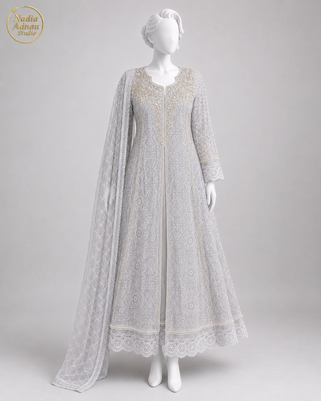 GREY NET MAXI -M / L front view - Grey Net Pearl Maxi by Nadia Adnan Studio