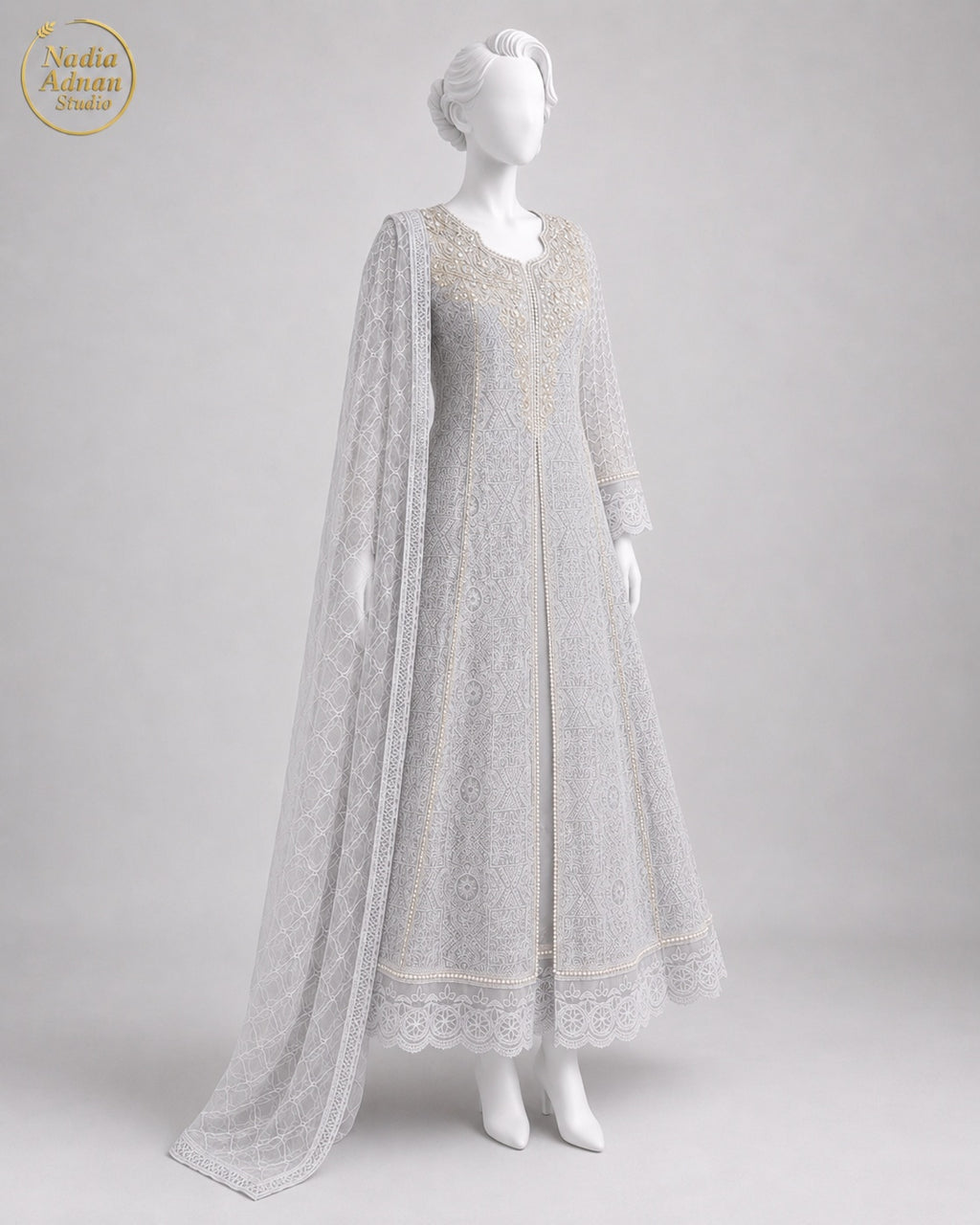 GREY NET MAXI -M / L back view - Grey Net Pearl Maxi by Nadia Adnan Studio