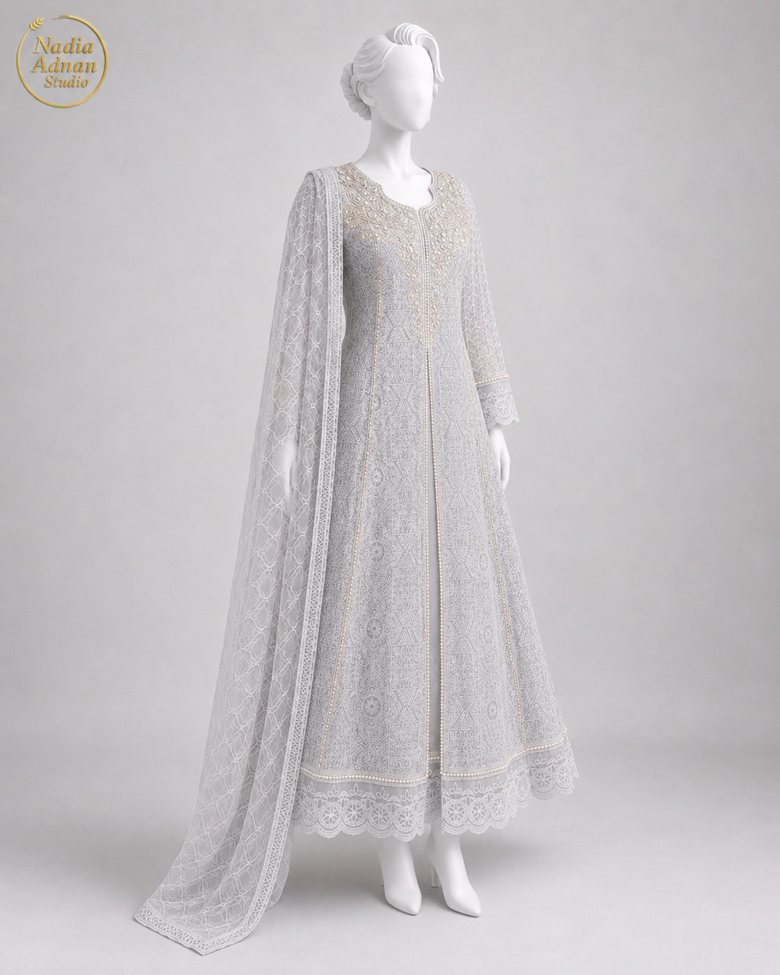 GREY NET MAXI -M / L back view - Grey Net Pearl Maxi by Nadia Adnan Studio