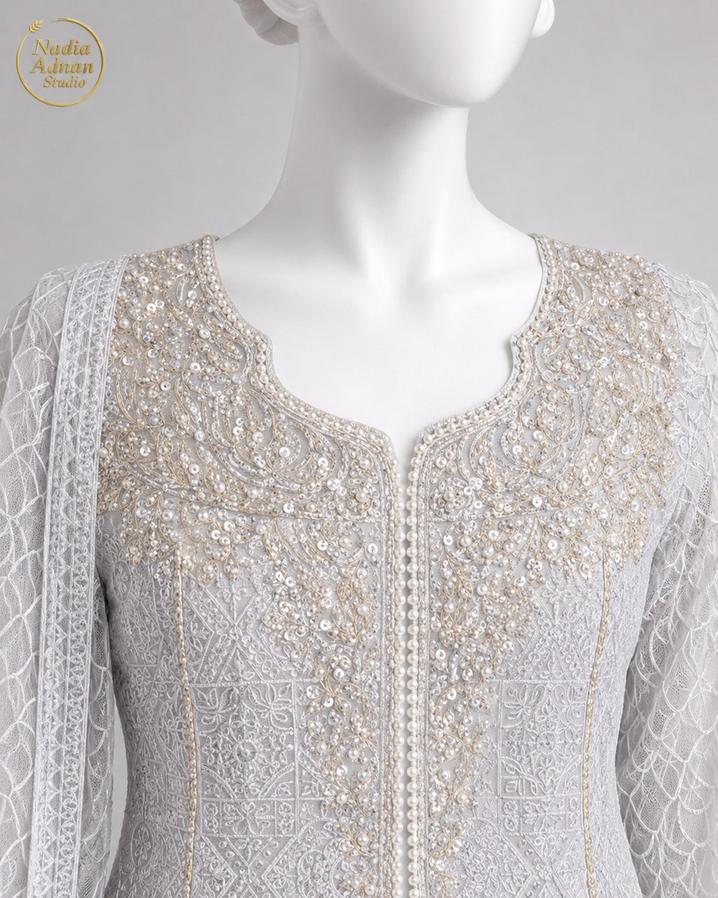 GREY NET MAXI -M / L neckline close-up - Grey Net Pearl Maxi by Nadia Adnan Studio