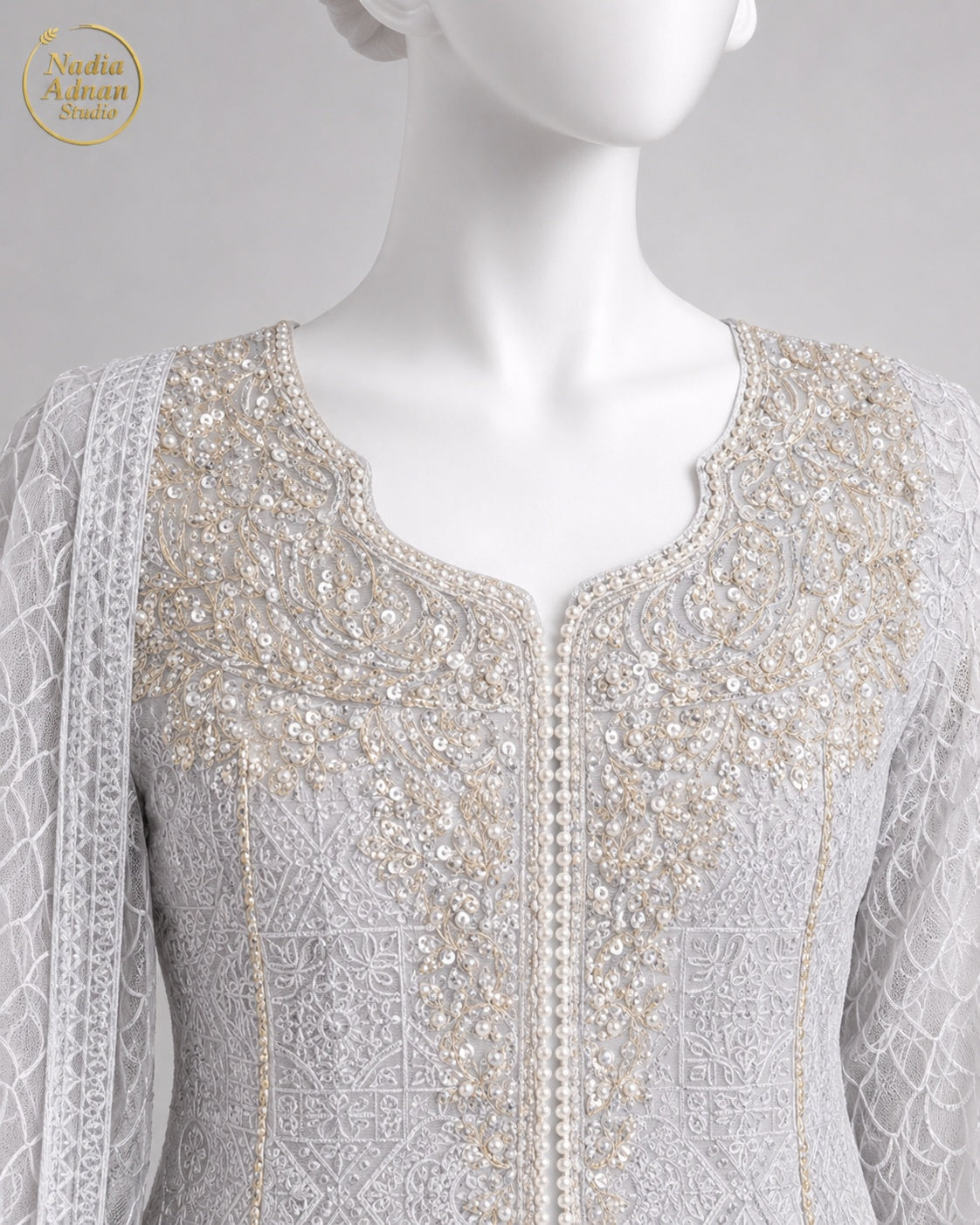 GREY NET MAXI -M / L neckline close-up - Grey Net Pearl Maxi by Nadia Adnan Studio