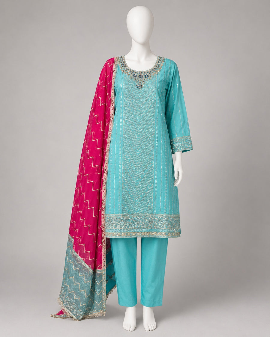 SEA GREEN COTTON SHIRT SUIT -XL front view - Sea Green Cotton Lawn Shirt Suit by Nadia Adnan Studio