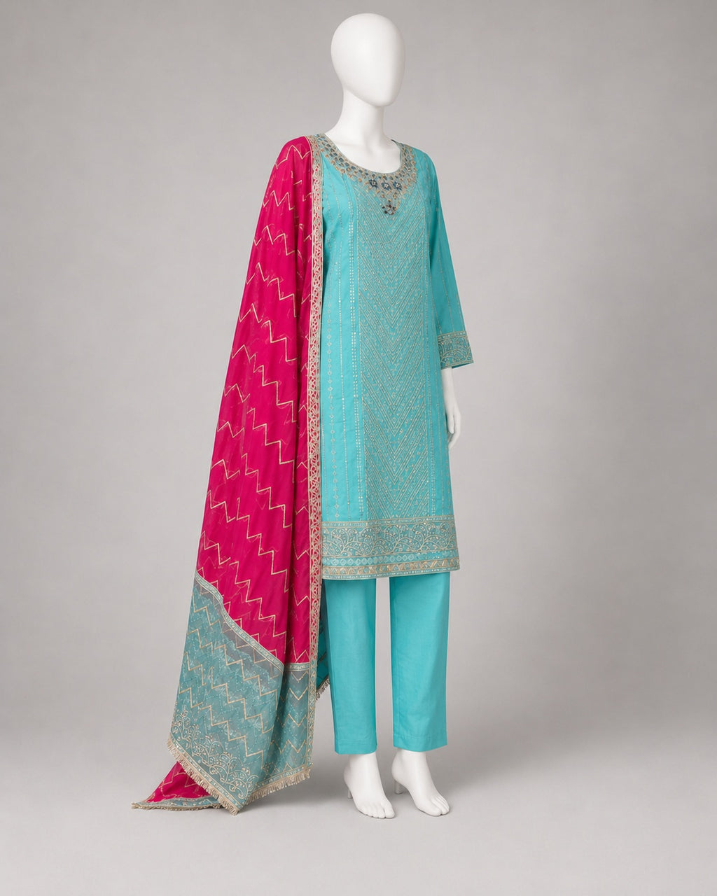 SEA GREEN COTTON SHIRT SUIT -XL back view - Sea Green Cotton Lawn Shirt Suit by Nadia Adnan Studio