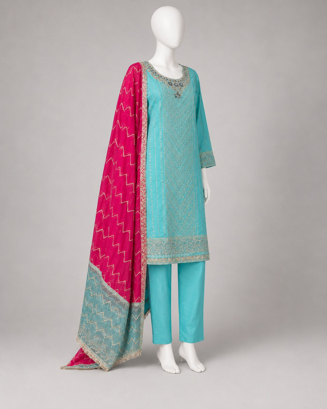 SEA GREEN COTTON SHIRT SUIT -XL back view - Sea Green Cotton Lawn Shirt Suit by Nadia Adnan Studio