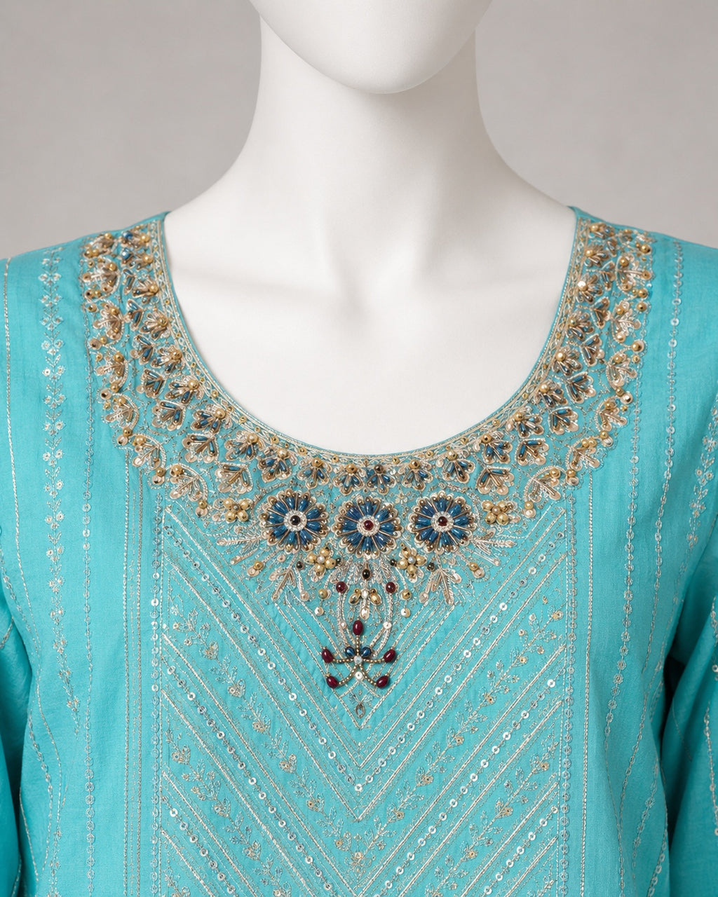 SEA GREEN COTTON SHIRT SUIT -XL neckline close-up - Sea Green Cotton Lawn Shirt Suit by Nadia Adnan Studio