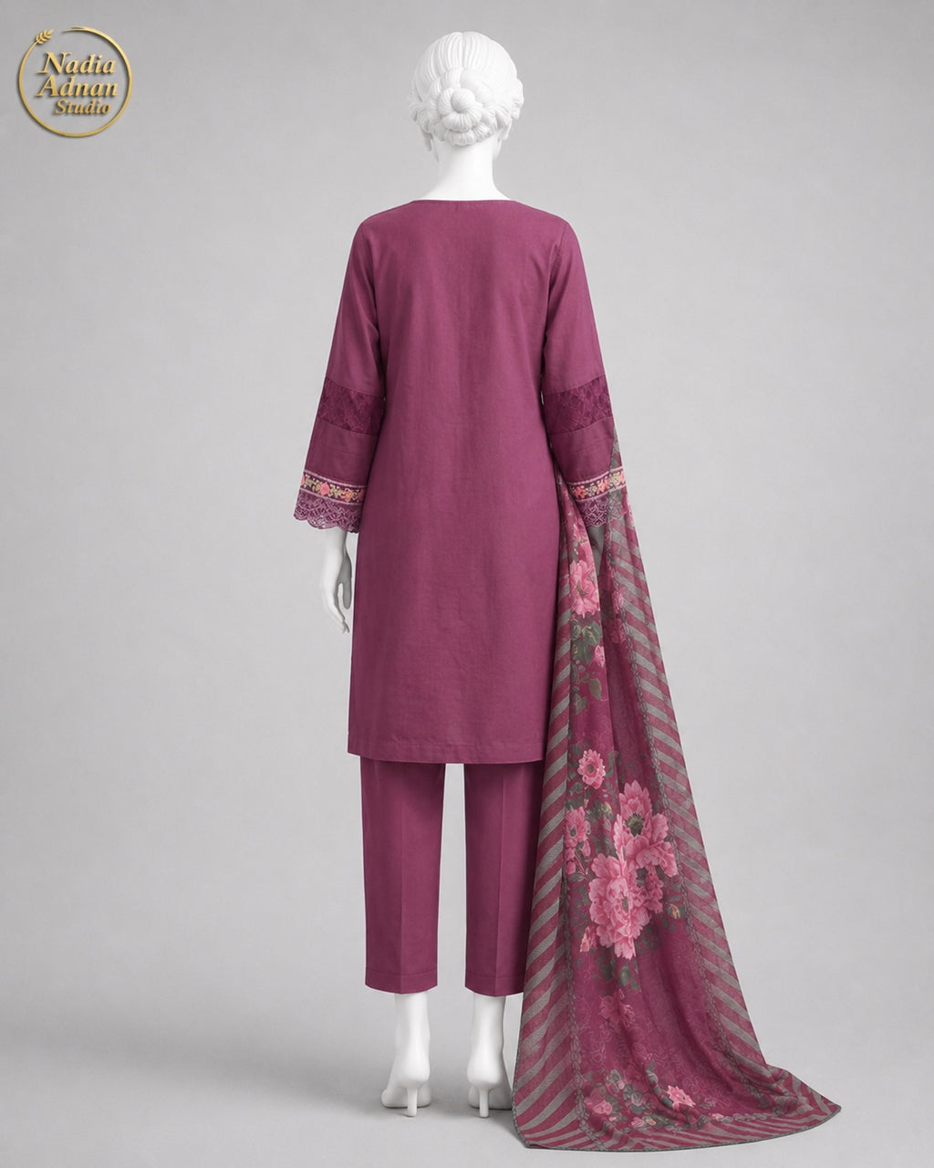 PURPLE LAWN SHIRT SUIT -M neckline close-up - Purple Lawn Shirt Suit by Nadia Adnan Studio