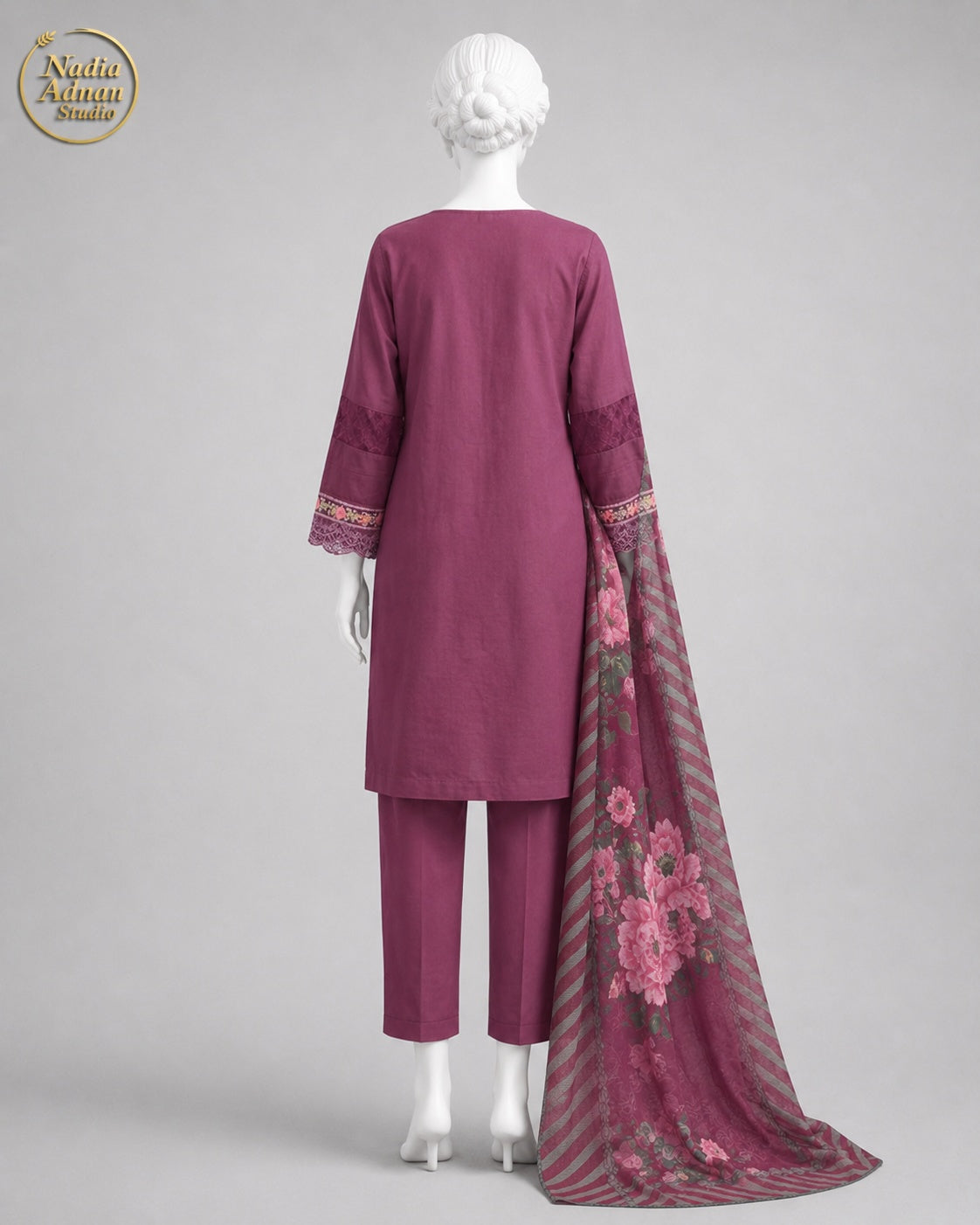 PURPLE LAWN SHIRT SUIT -M neckline close-up - Purple Lawn Shirt Suit by Nadia Adnan Studio