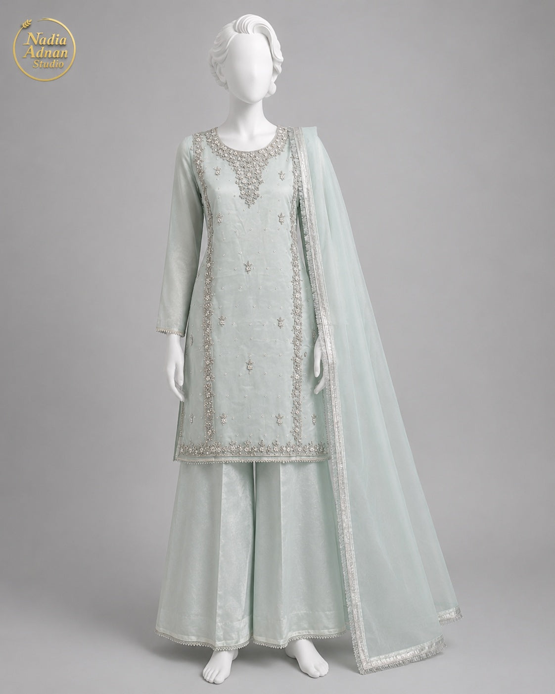 YELLOW ORGANZA GHARARARA -M / L front view - Yellow Organza Gharara by Nadia Adnan Studio