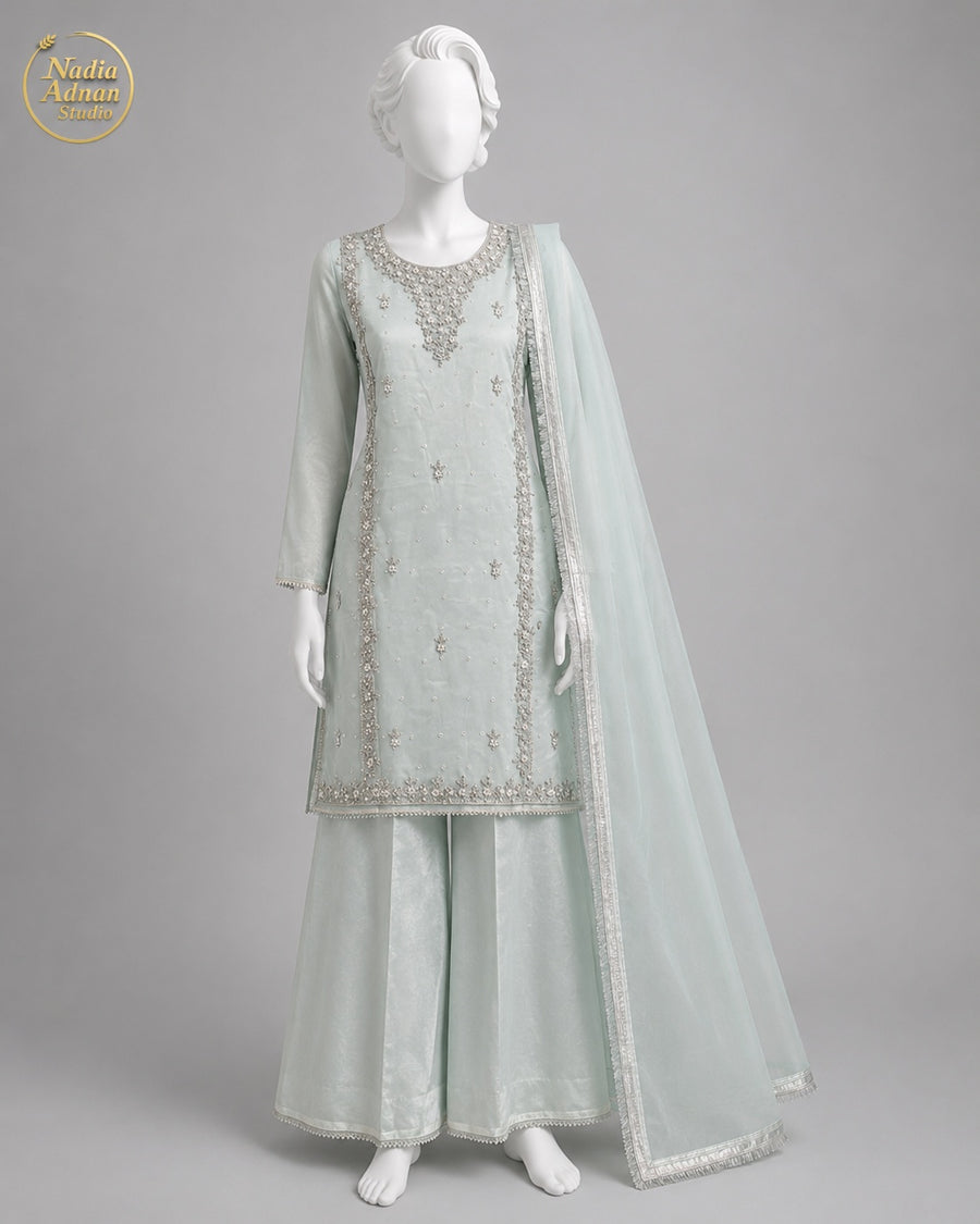 YELLOW ORGANZA GHARARARA -M / L front view - Yellow Organza Gharara by Nadia Adnan Studio