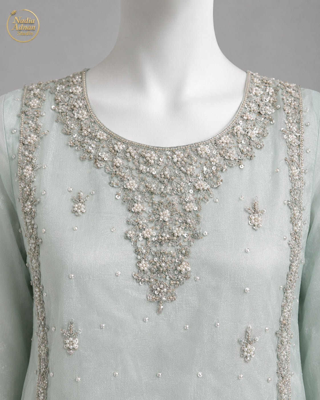 YELLOW ORGANZA GHARARARA -M / L neckline close-up - Yellow Organza Gharara by Nadia Adnan Studio