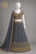 NAVY AND ANTIQUE GOLD CHIFFON LEHENGA -M front view - Navy And Antique Gold Chiffon Lehenga by Nadia Adnan Studio