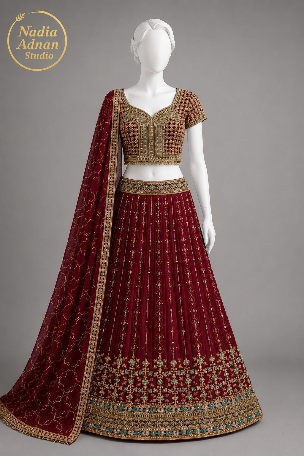 DEEP MAROON CHIFFON LEHENGA -M front view - Deep Maroon Chiffon Lehenga by Nadia Adnan Studio