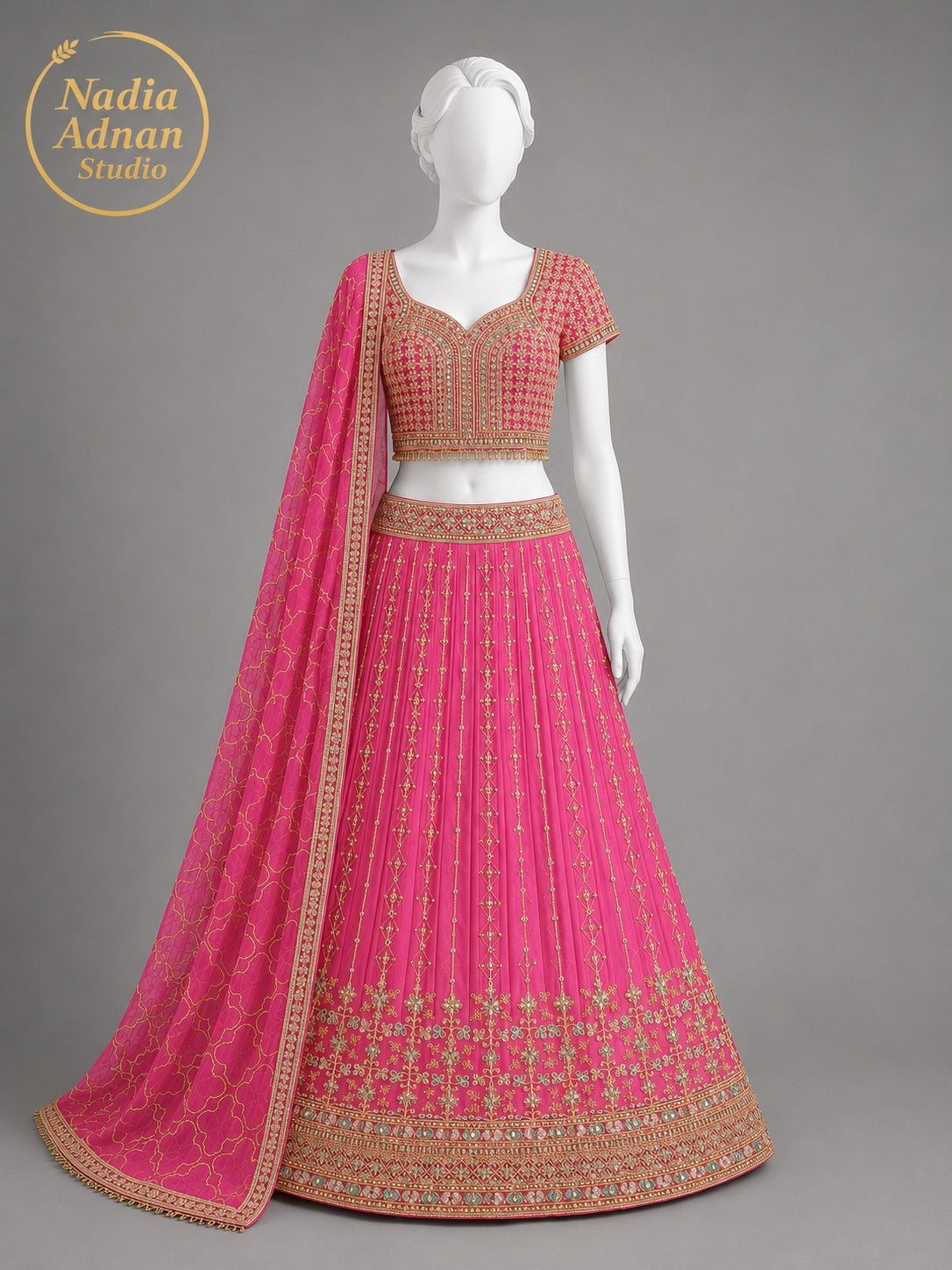 HOT PINK CHIFFON LEHENGA -M front view - Hot Pink Chiffon Lehenga by Nadia Adnan Studio