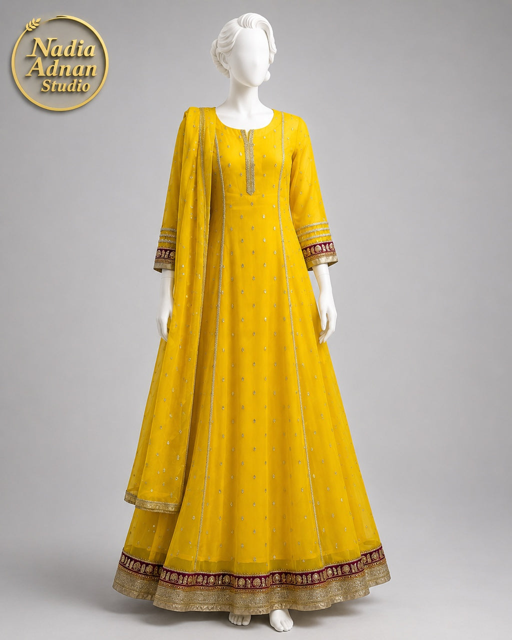 YELLOW CHIFFON MAXI -M / L front view - Yellow Chiffon Maxi by Nadia Adnan Studio