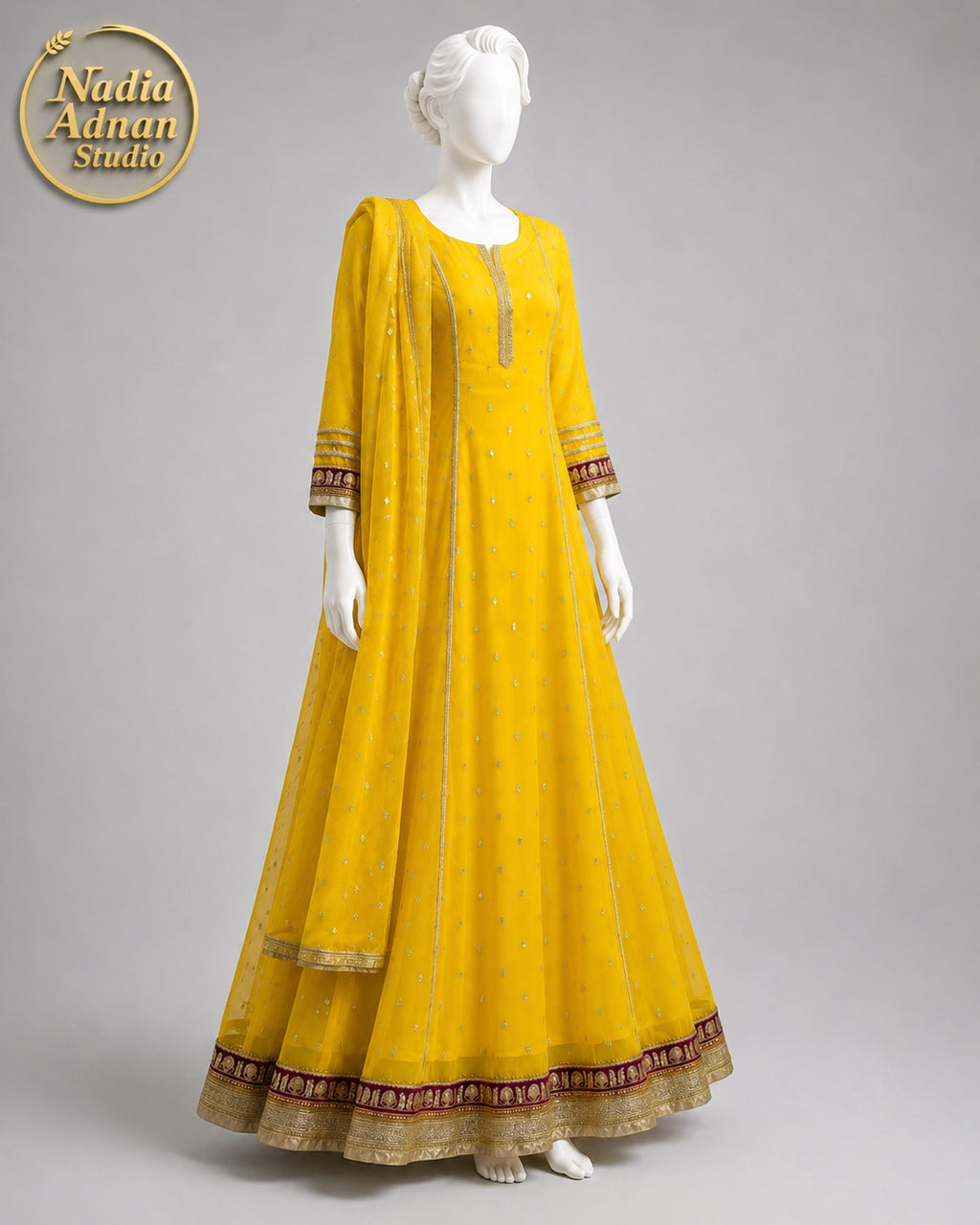 YELLOW CHIFFON MAXI -M / L side view - Yellow Chiffon Maxi by Nadia Adnan Studio