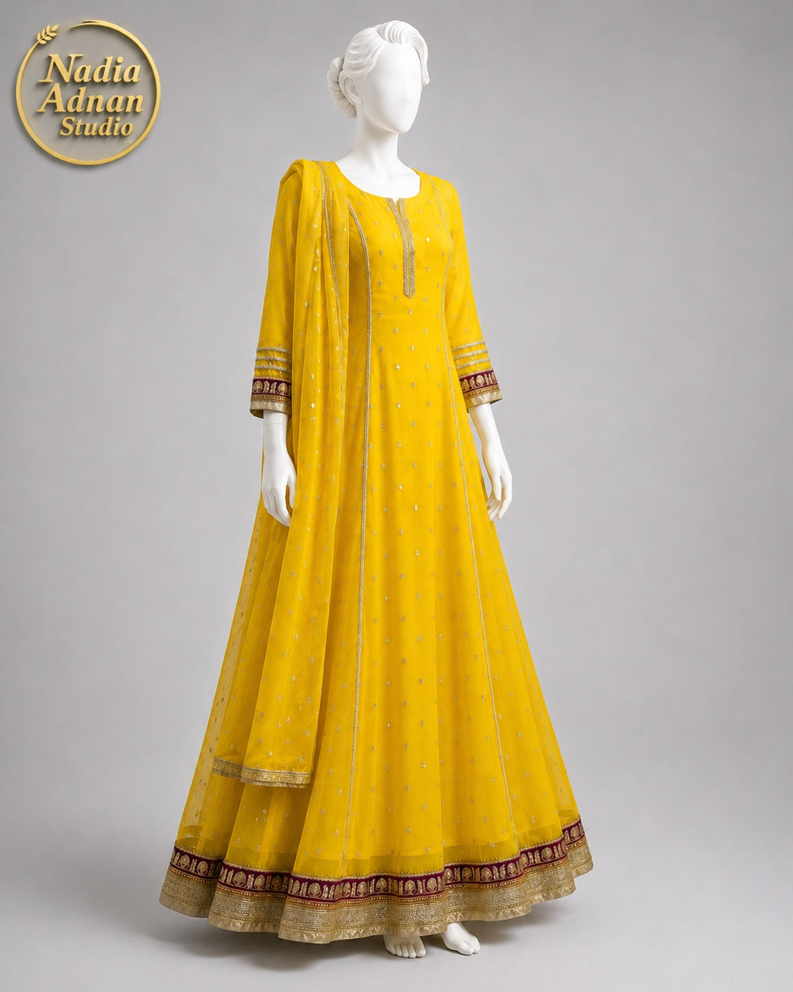 YELLOW CHIFFON MAXI -M / L side view - Yellow Chiffon Maxi by Nadia Adnan Studio