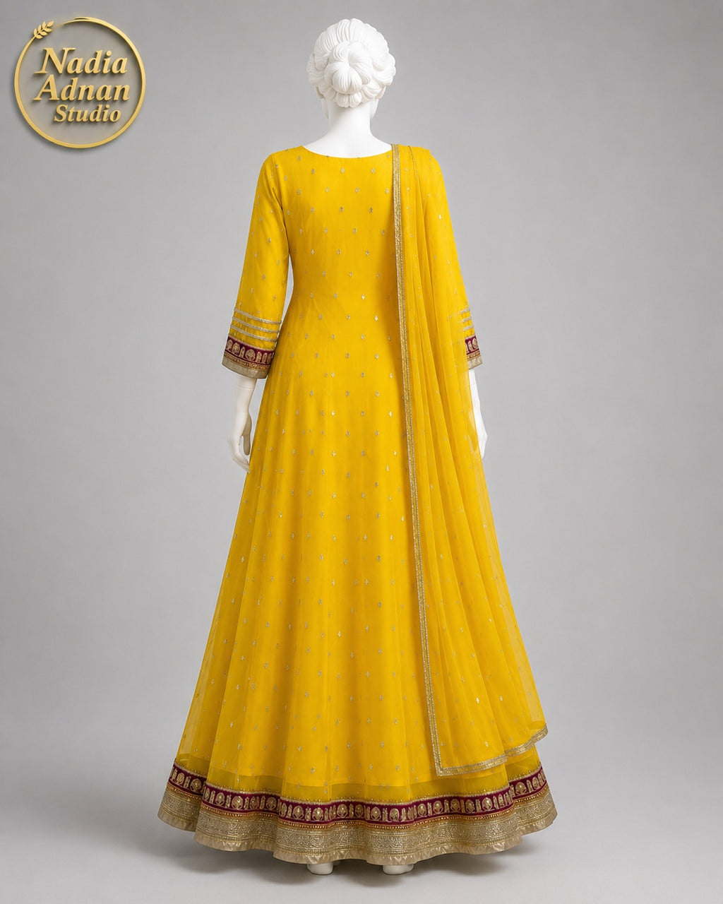 YELLOW CHIFFON MAXI -M / L back view - Yellow Chiffon Maxi by Nadia Adnan Studio