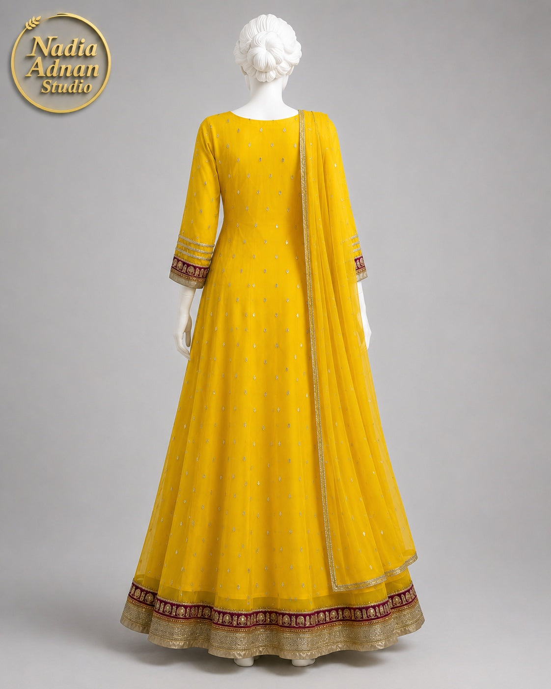 YELLOW CHIFFON MAXI -M / L back view - Yellow Chiffon Maxi by Nadia Adnan Studio
