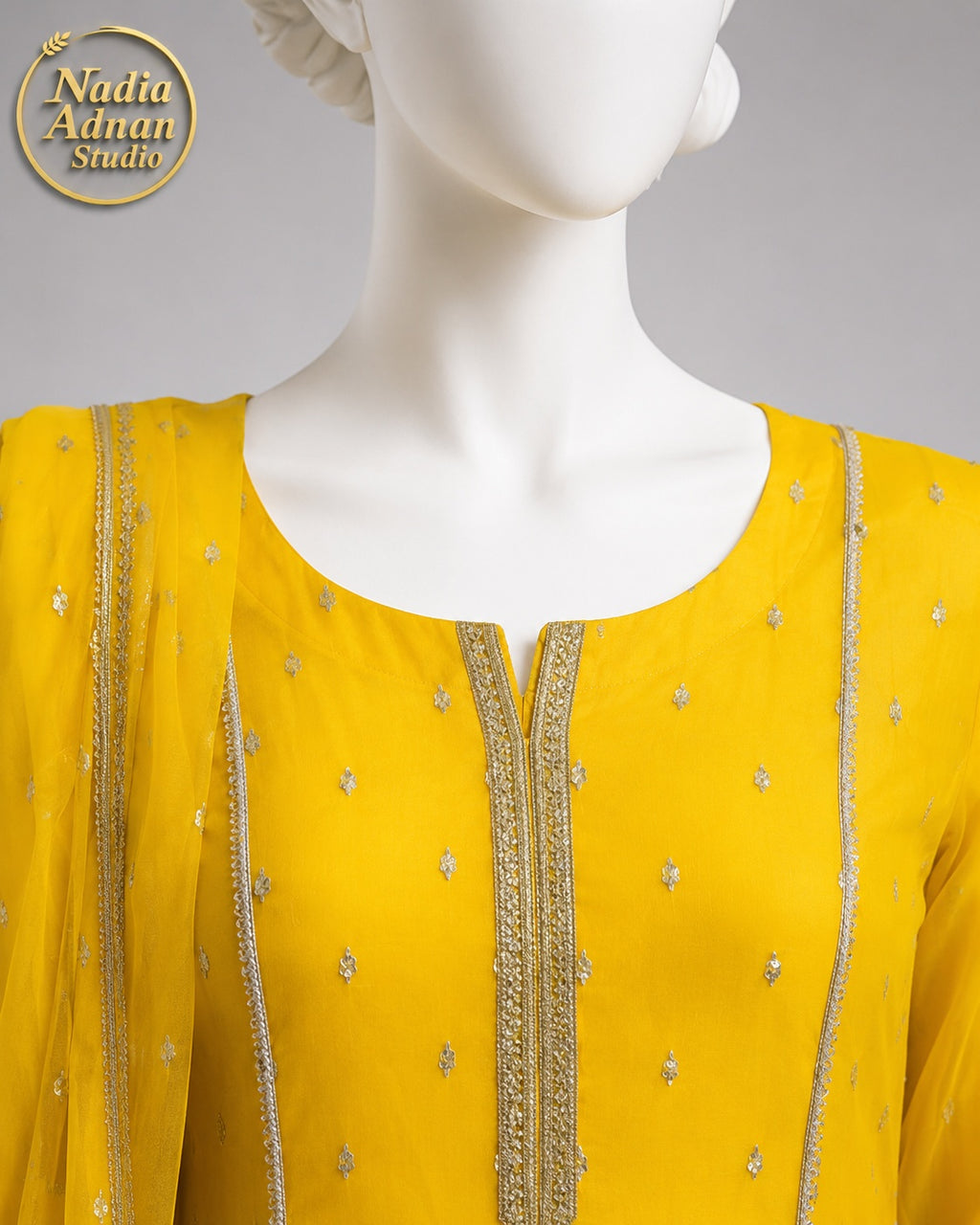 YELLOW CHIFFON MAXI -M / L neckline close-up - Yellow Chiffon Maxi by Nadia Adnan Studio