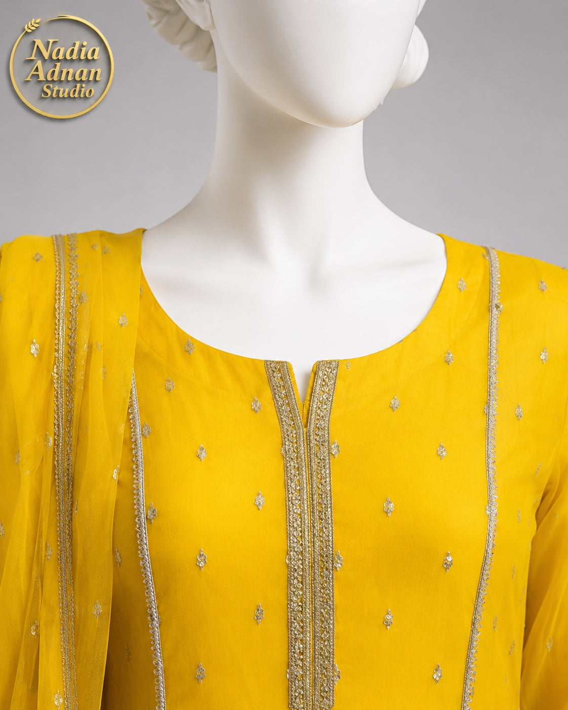 YELLOW CHIFFON MAXI -M / L neckline close-up - Yellow Chiffon Maxi by Nadia Adnan Studio