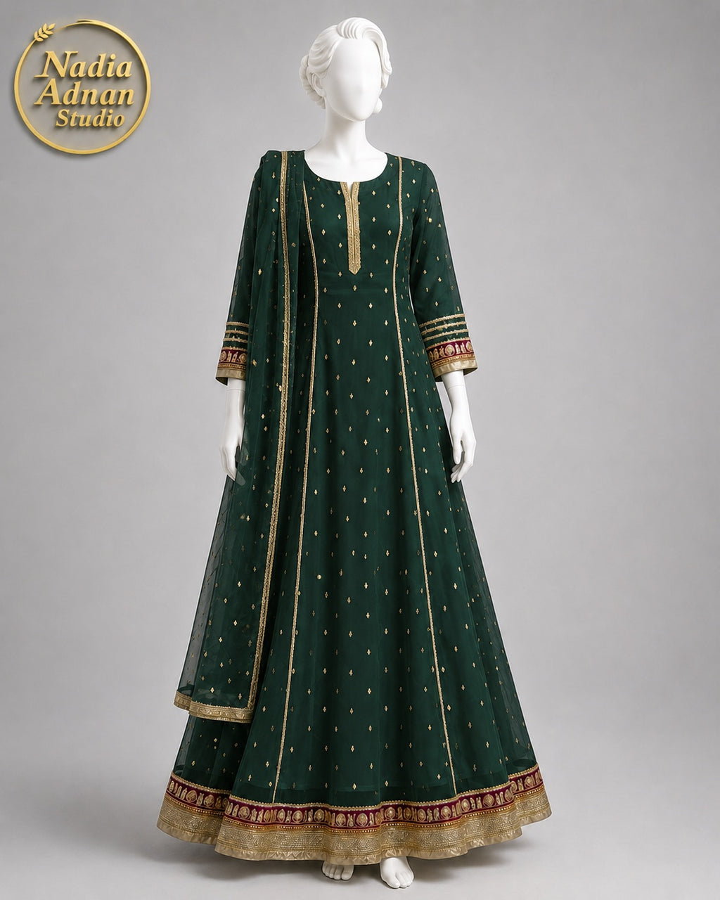 BOTTLE GREEN CHIFFON MAXI -M / L front view - Bottle Green Chiffon Maxi by Nadia Adnan Studio
