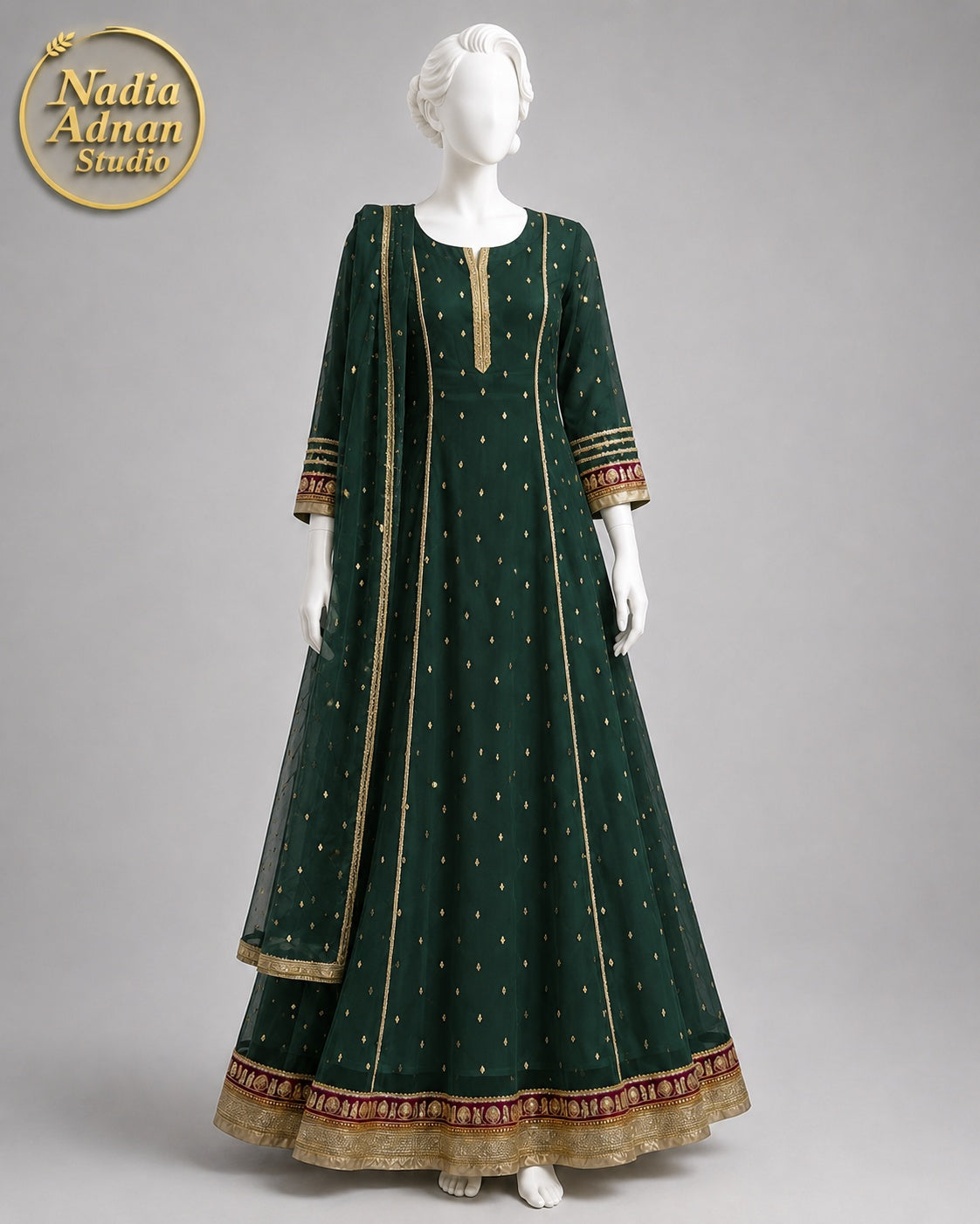 BOTTLE GREEN CHIFFON MAXI -M / L front view - Bottle Green Chiffon Maxi by Nadia Adnan Studio