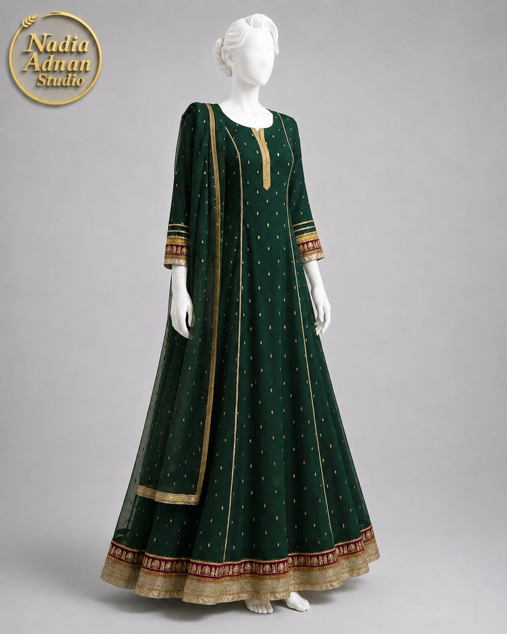 BOTTLE GREEN CHIFFON MAXI -M / L side view - Bottle Green Chiffon Maxi by Nadia Adnan Studio