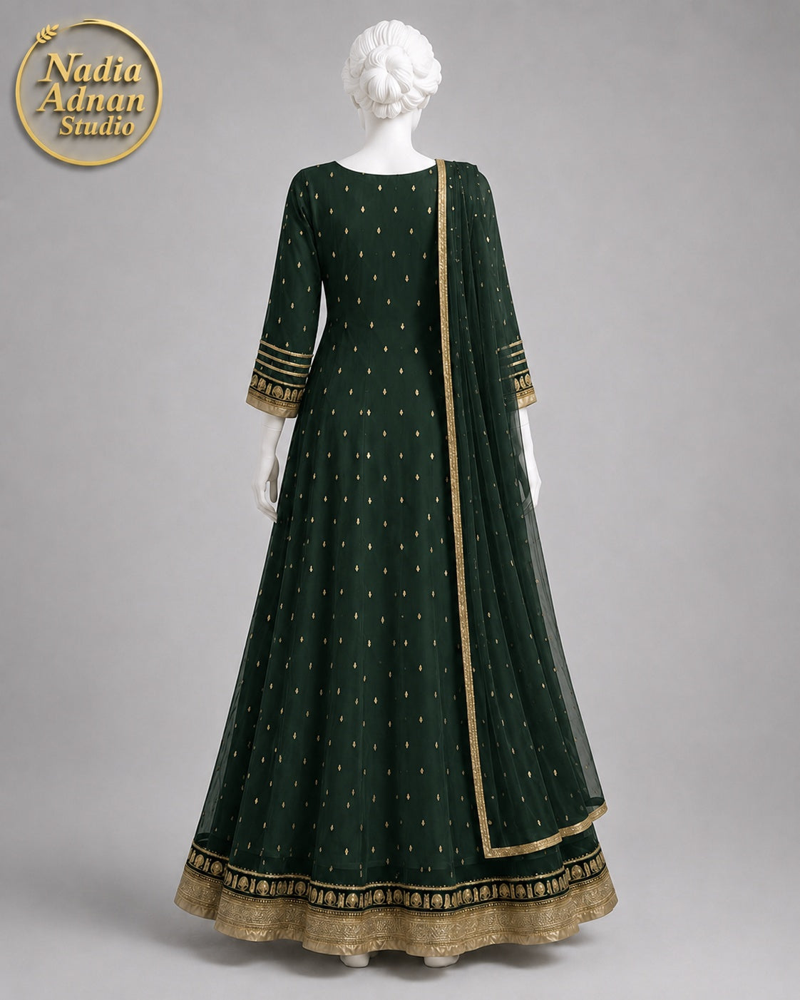 BOTTLE GREEN CHIFFON MAXI -M / L back view - Bottle Green Chiffon Maxi by Nadia Adnan Studio