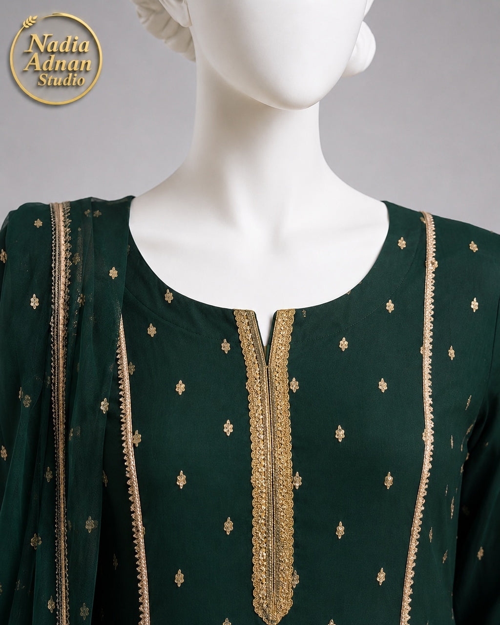 BOTTLE GREEN CHIFFON MAXI -M / L neckline close-up - Bottle Green Chiffon Maxi by Nadia Adnan Studio