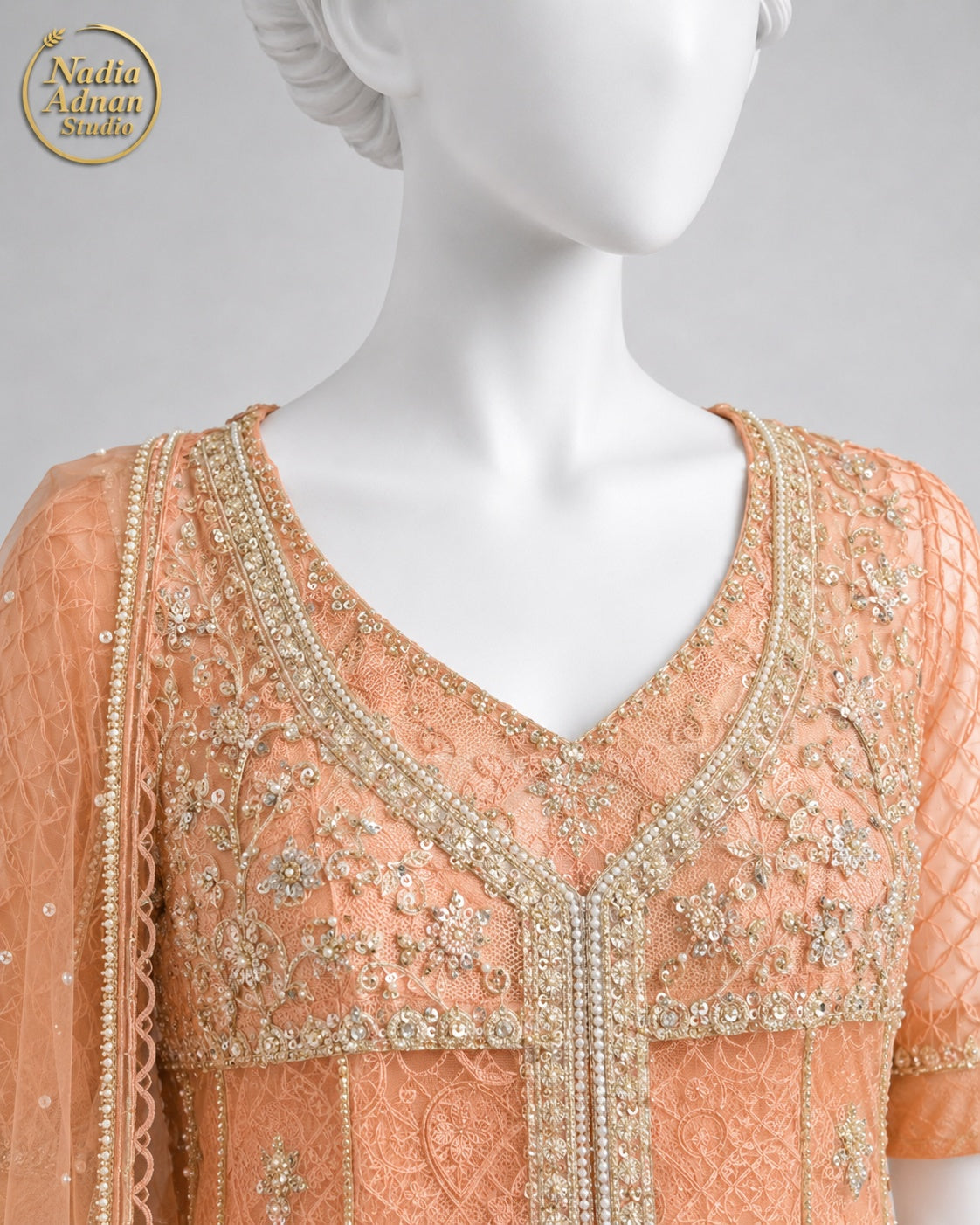PEACH NET MAXI -M / L neckline close-up - Peach Net Maxi by Nadia Adnan Studio