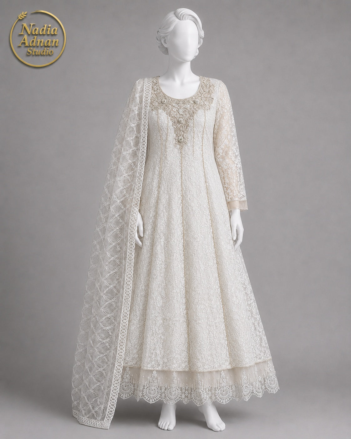 OFF WHITE NET MAXI -M / L front view - Off White Net Maxi by Nadia Adnan Studio