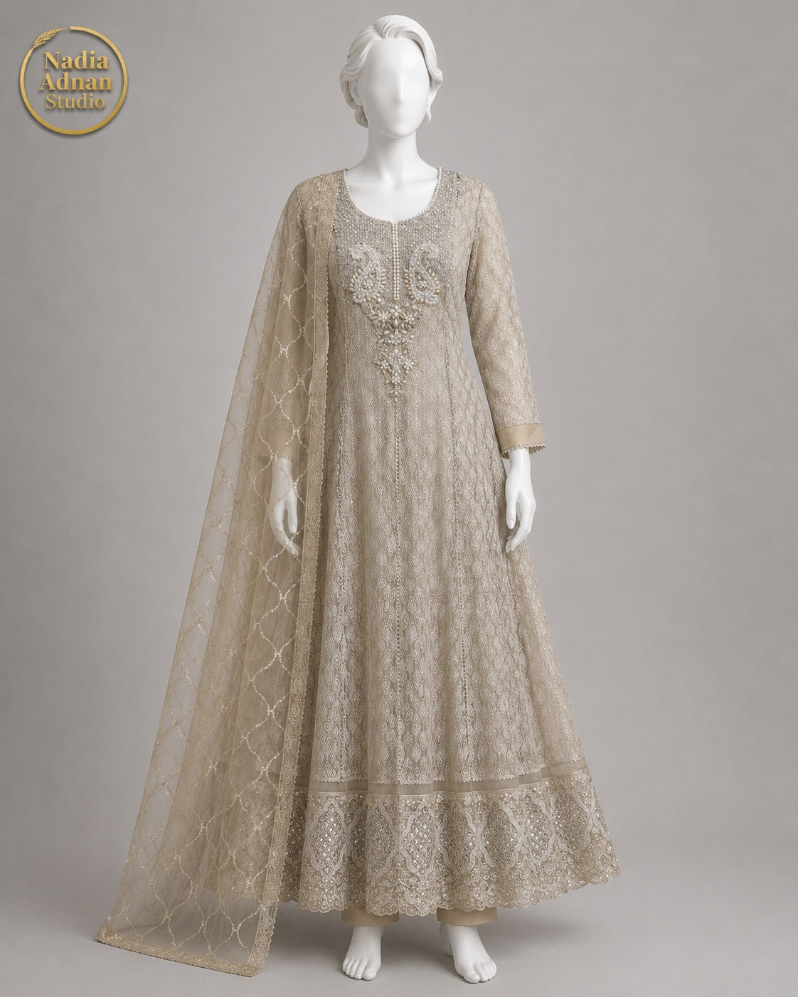 MUTED LILAC BEIGE NET MAXI -M / L front view - Muted Lilac Beige Net Maxi by Nadia Adnan Studio