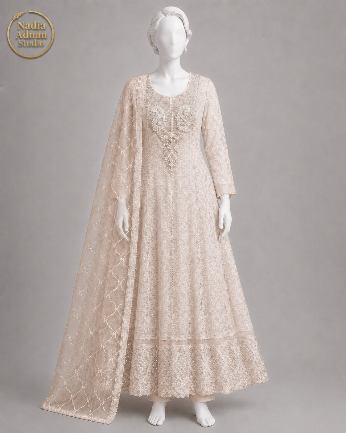 SOFT GOLDEN BEIGE NET MAXI -M / L front view - Soft Golden Beige Net Maxi by Nadia Adnan Studio
