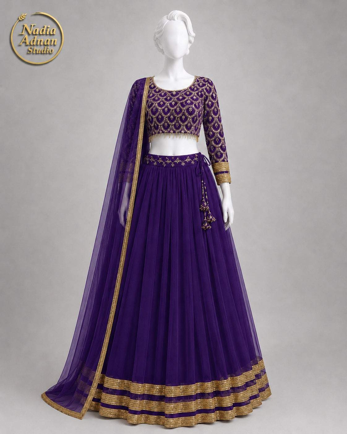 RICH PURPLE CHIFFON LEHENGA -M / L front view - Rich Purple Chiffon Lehenga by Nadia Adnan Studio