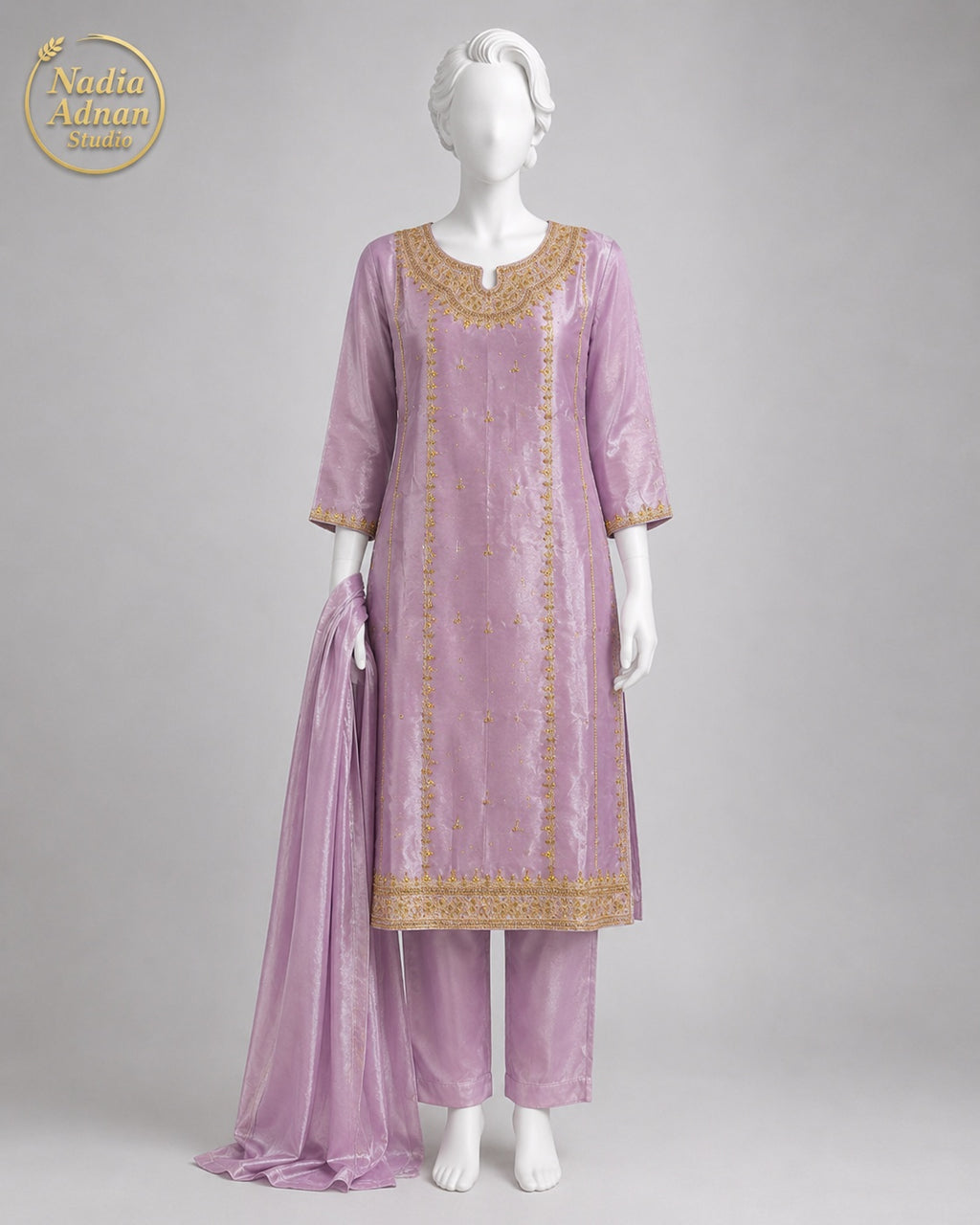 LILAC LAMBA TISSUE SHIRT SUIT -M front view - Lilac Lamba Shirt Suit by Nadia Adnan Studio