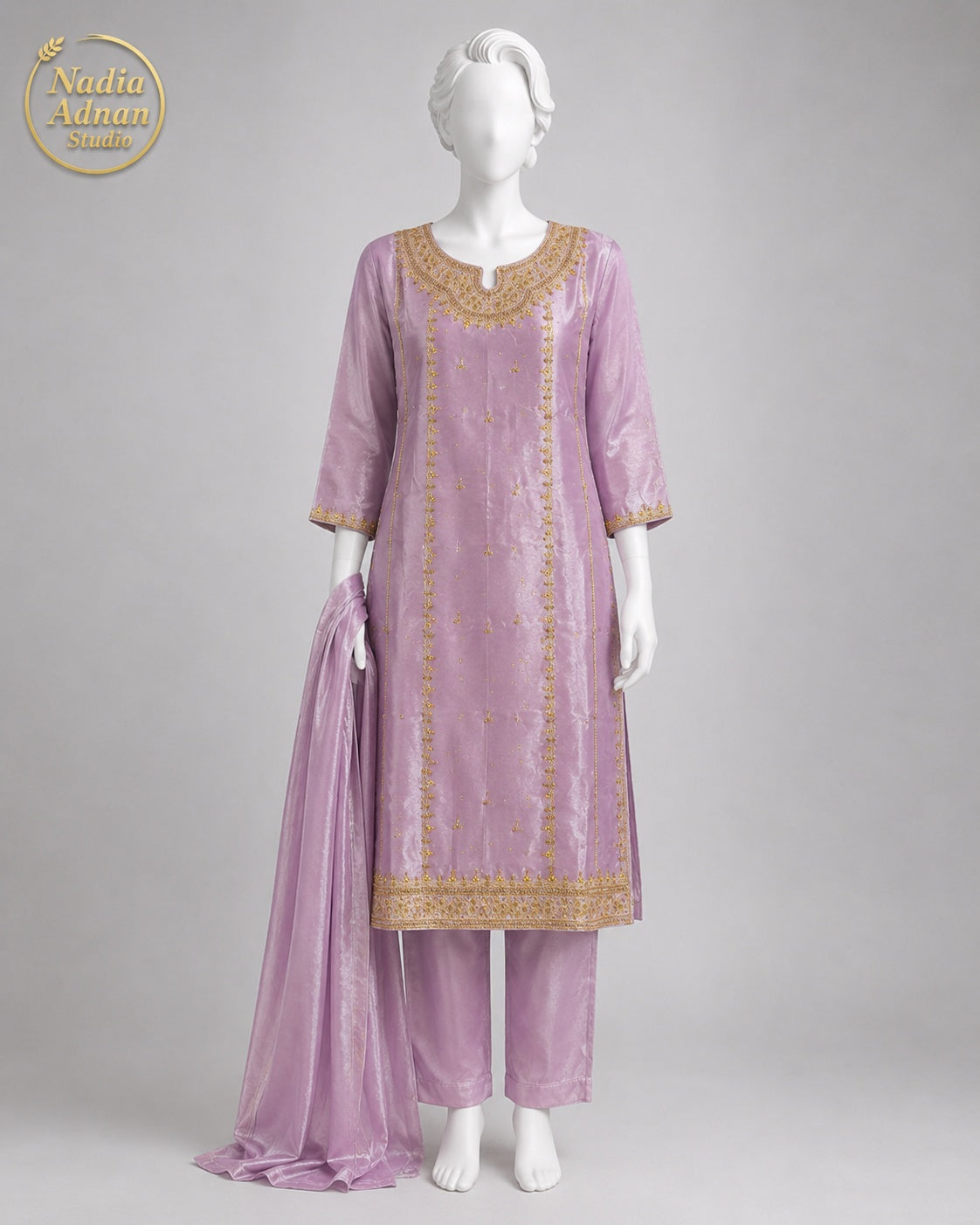 LILAC LAMBA TISSUE SHIRT SUIT -M front view - Lilac Lamba Shirt Suit by Nadia Adnan Studio