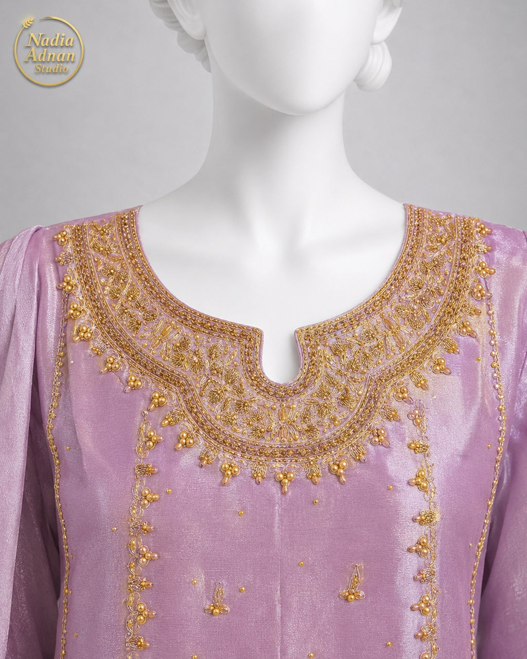 LILAC LAMBA TISSUE SHIRT SUIT -M neckline close-up - Lilac Lamba Shirt Suit by Nadia Adnan Studio