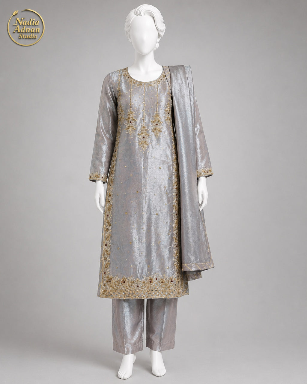 GREY LAMBA TISSUE SHIRT SUIT -M front view - Grey Lamba Shirt Suit by Nadia Adnan Studio