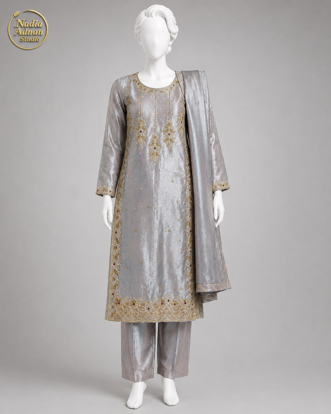 GREY LAMBA TISSUE SHIRT SUIT -M front view - Grey Lamba Shirt Suit by Nadia Adnan Studio