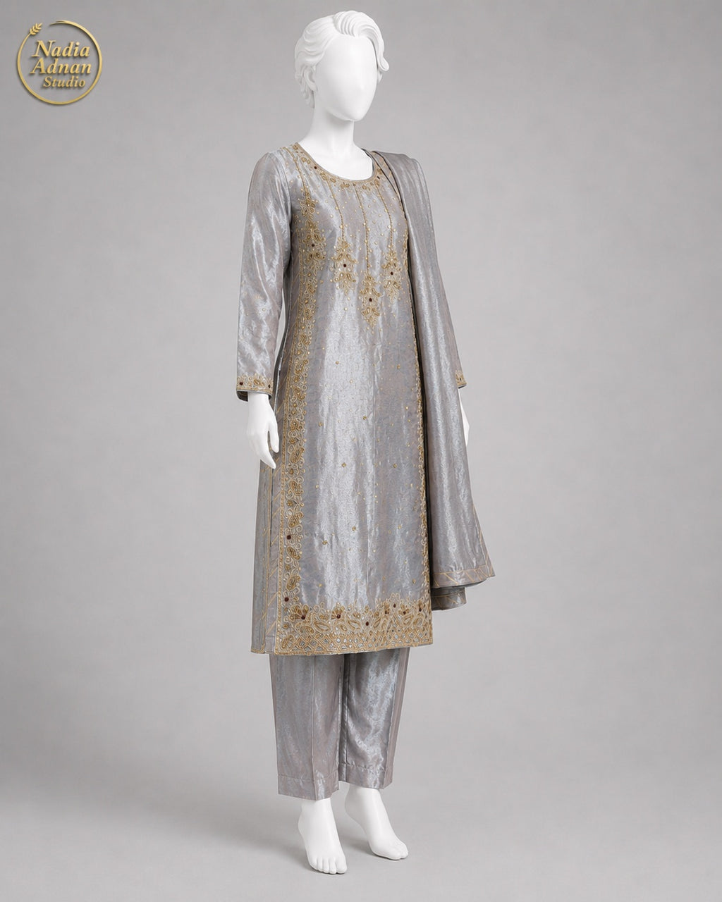 GREY LAMBA TISSUE SHIRT SUIT -M side view - Grey Lamba Shirt Suit by Nadia Adnan Studio
