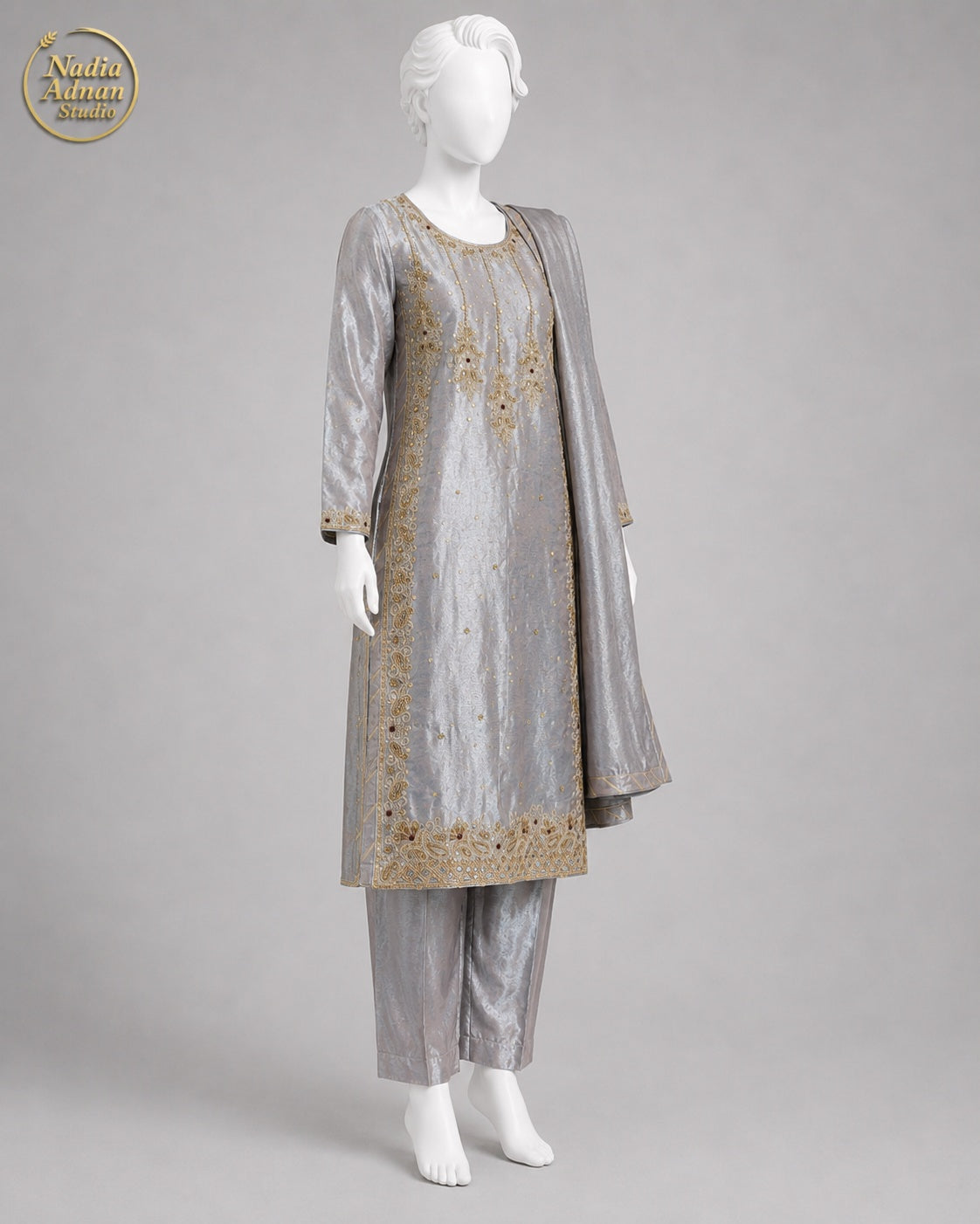 GREY LAMBA TISSUE SHIRT SUIT -M side view - Grey Lamba Shirt Suit by Nadia Adnan Studio
