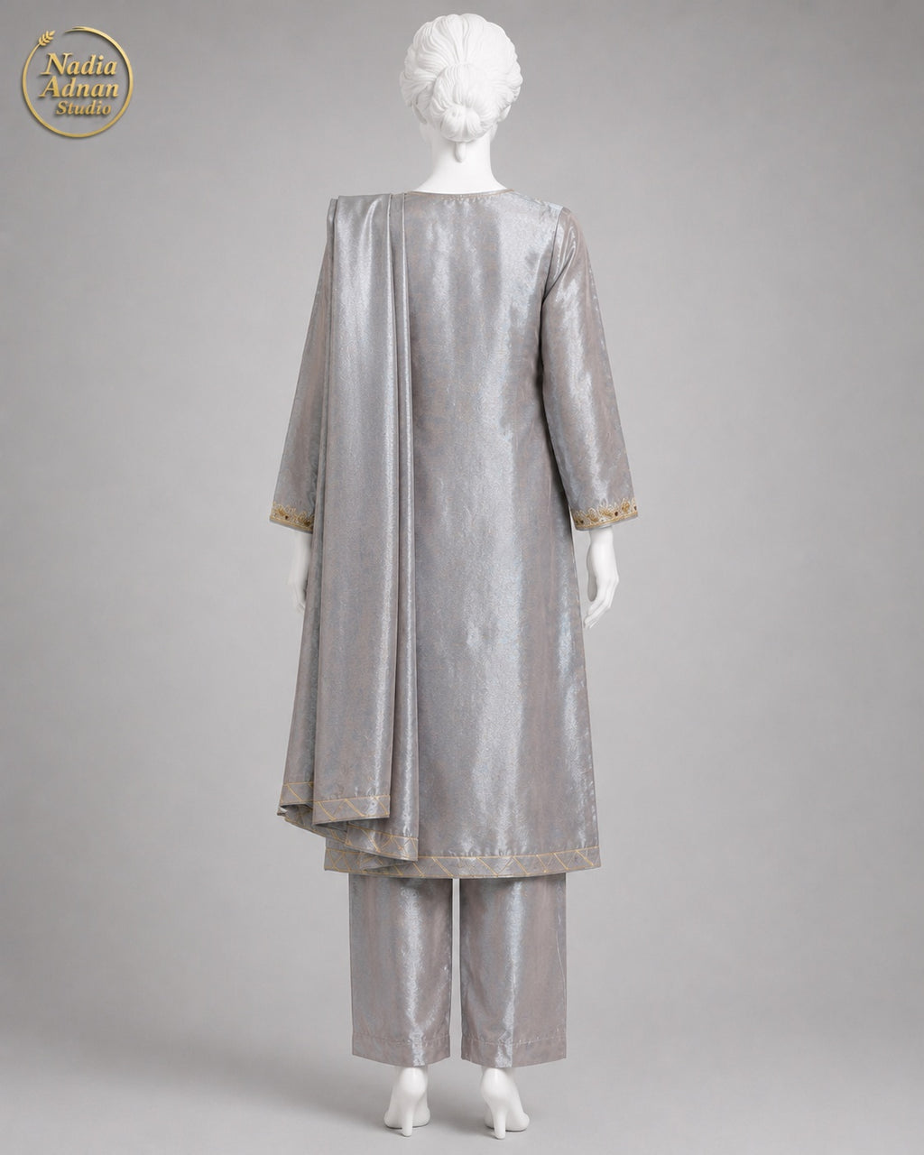 GREY LAMBA TISSUE SHIRT SUIT -M back view - Grey Lamba Shirt Suit by Nadia Adnan Studio