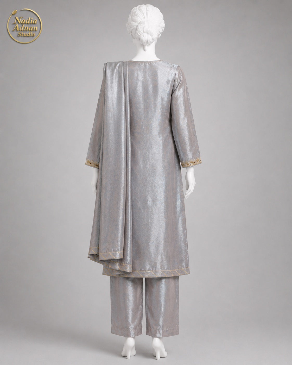 GREY LAMBA TISSUE SHIRT SUIT -M back view - Grey Lamba Shirt Suit by Nadia Adnan Studio