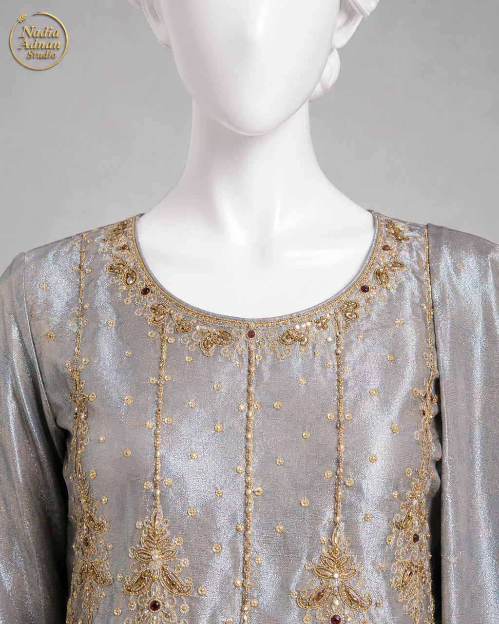 GREY LAMBA TISSUE SHIRT SUIT -M neckline close-up - Grey Lamba Shirt Suit by Nadia Adnan Studio
