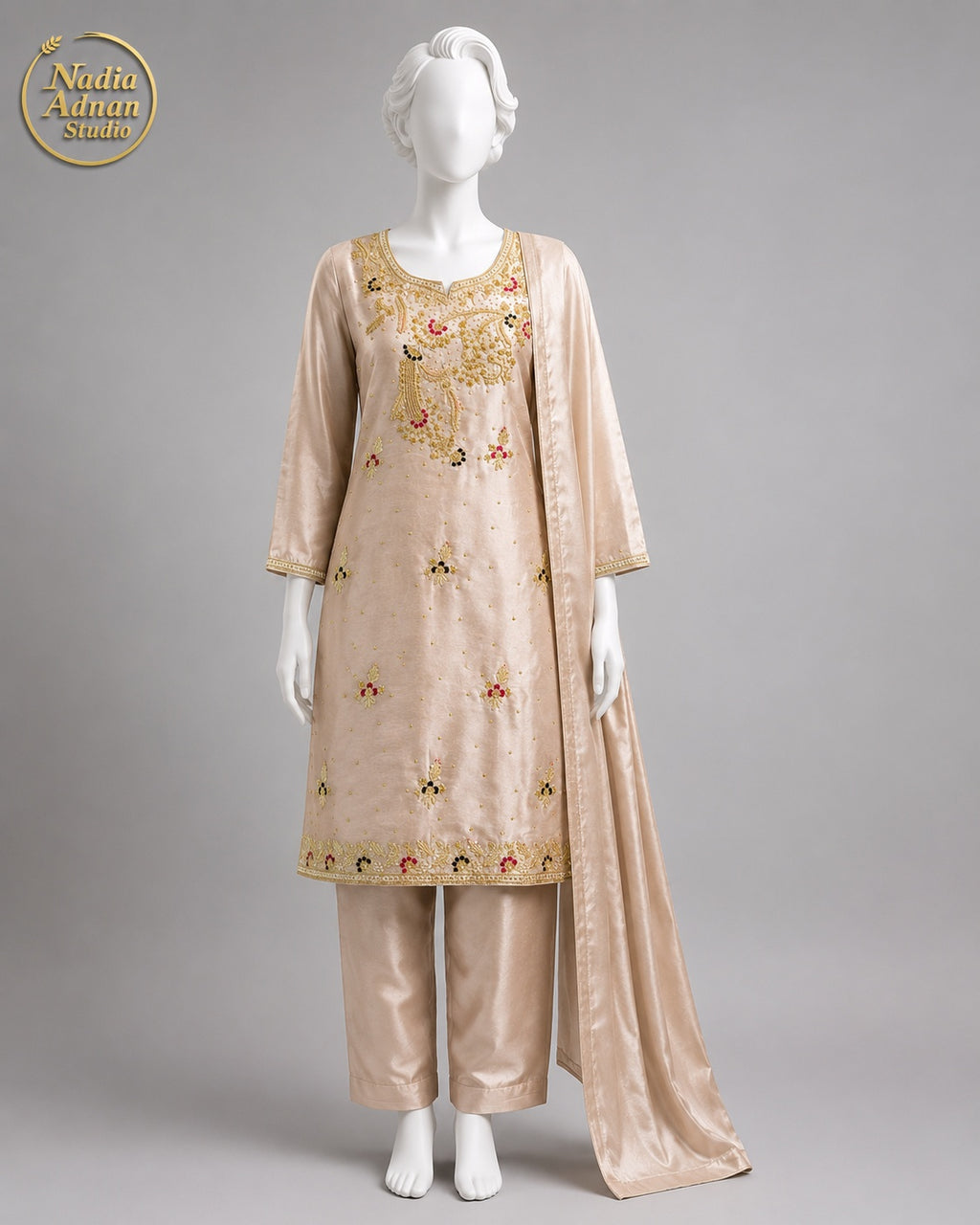 GOLDEN LAMBA TISSUE SHIRT SUIT -M front view - Gold Lamba Shirt Suit by Nadia Adnan Studio
